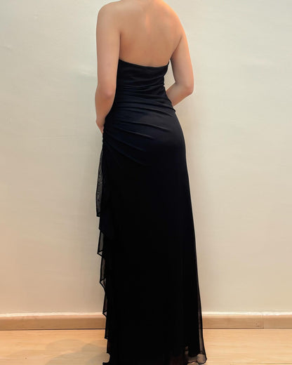 Neckholder Schwarz Etuikleid mit Rüschen Ballkleid Vintage Abendkleid J5886