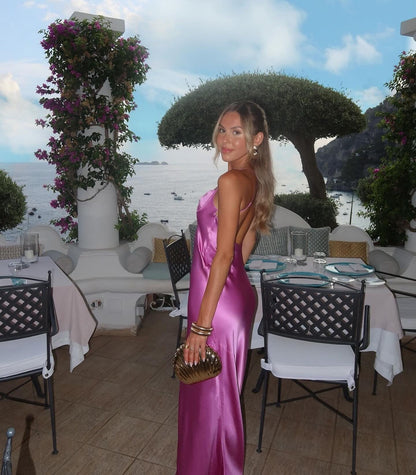 Robe de bal fourreau en satin rose dos nu J5889