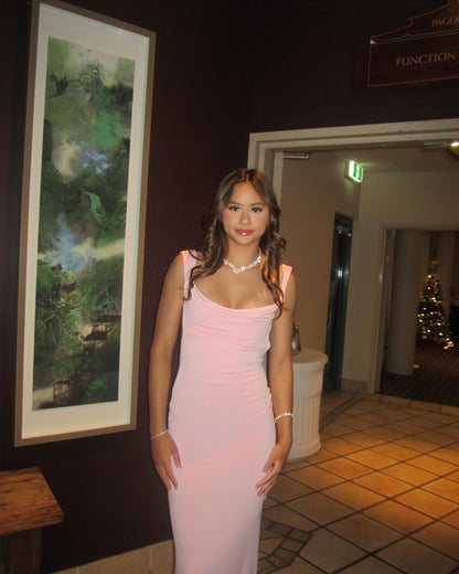 Rückenfreies Rosa Etuikleid Chiffon Abendkleid J5892
