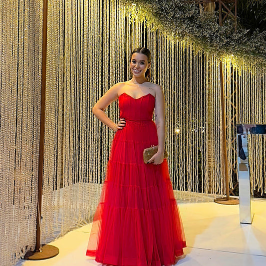 Robe de bal rouge en tulle, coupe trapèze, tenue d'invitée de mariage, J5893