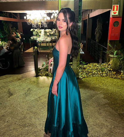 Robe de bal bustier en satin vert fendue, robe de soirée formelle J5897