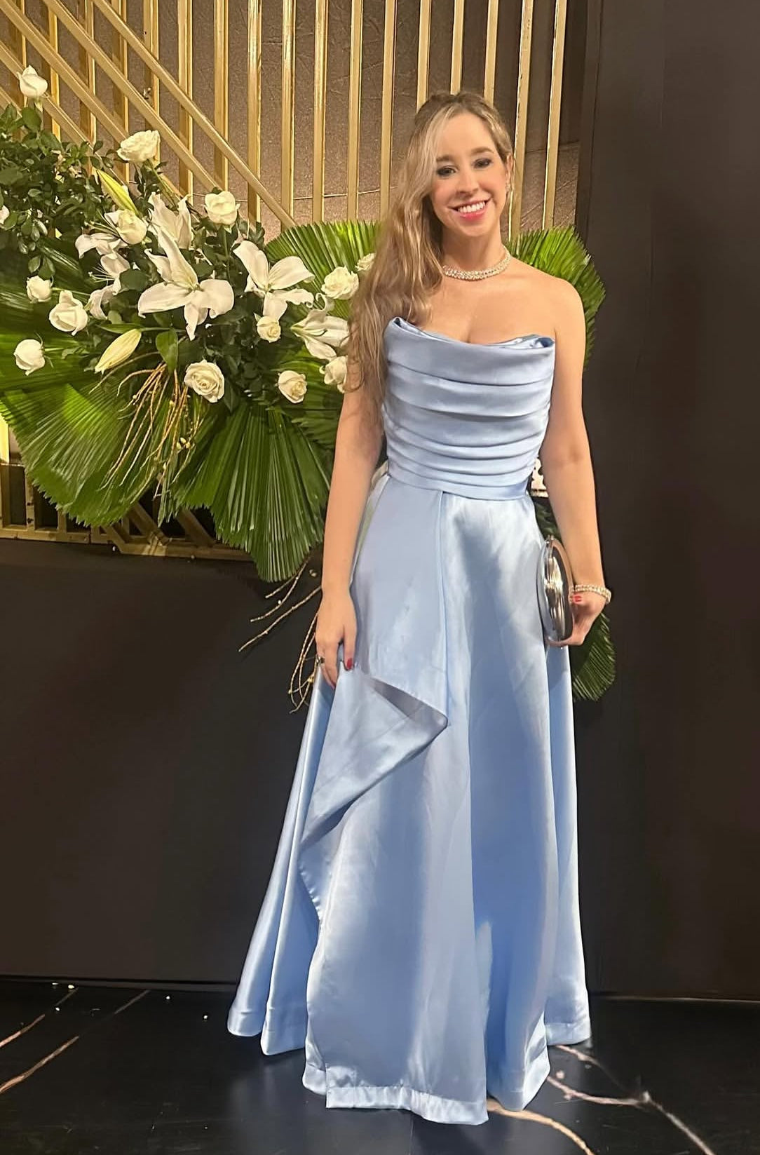 A Line Blue Satin Long Prom Dress Satin Evening Dress J7927