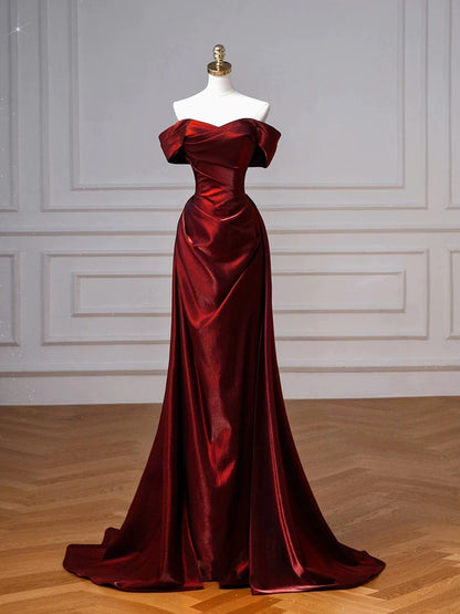 Schulterfreies Burgunderrotes Ballkleid aus Satin, formelles Abendkleid, Partykleid J7096