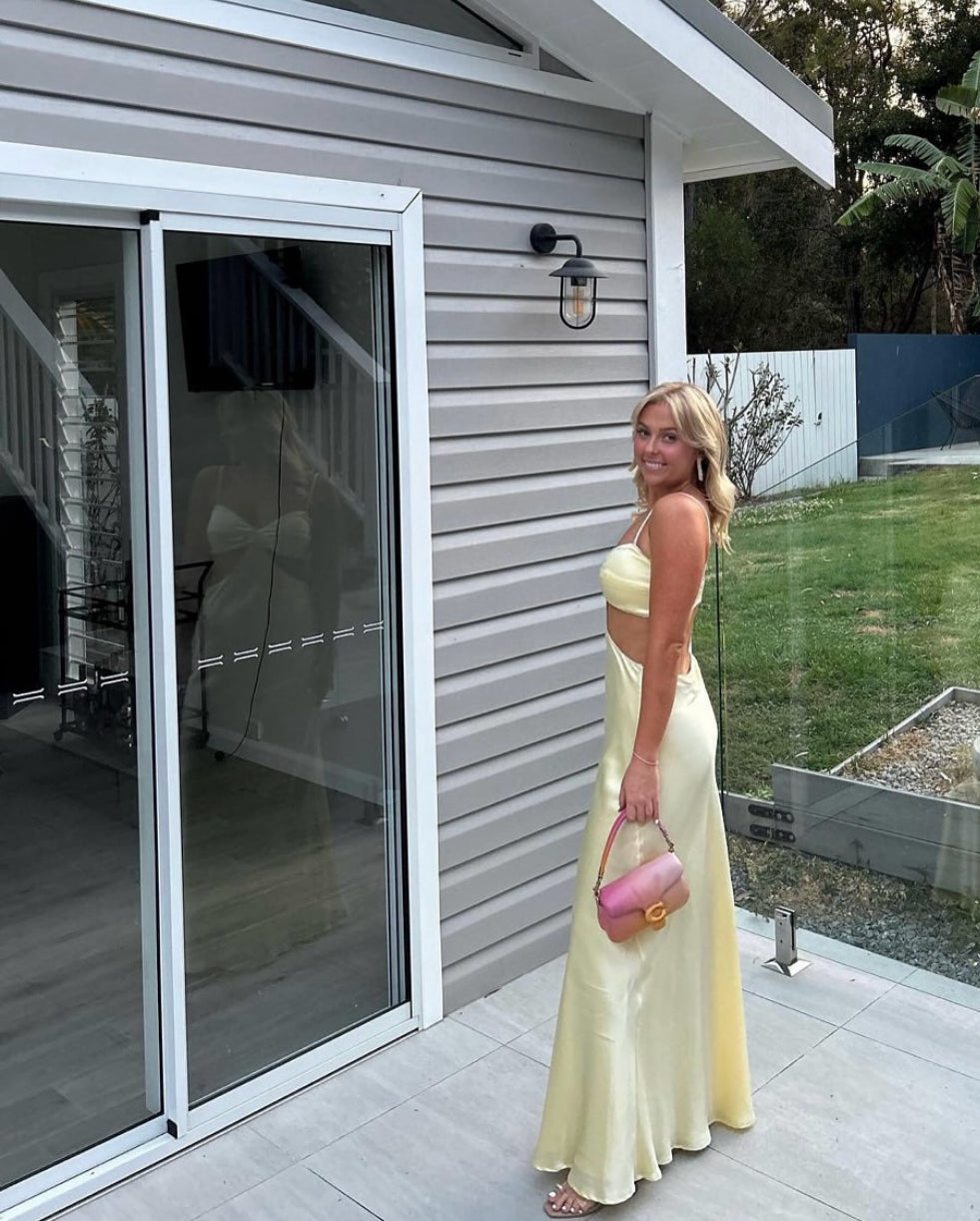 Spaghetti Straps Yellow Satin Long Prom Dress Sheath Evening Dress J8015