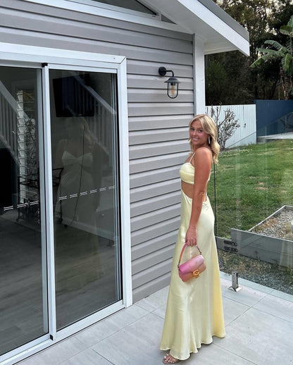 Spaghetti Straps Yellow Satin Long Prom Dress Sheath Evening Dress J8015