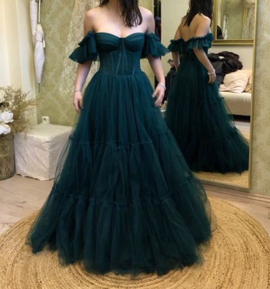 Schulterfreies, dunkelgrünes, langes A-Linien-Ballkleid J8252