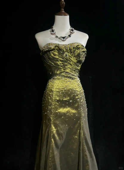 Green Strapless Long Prom Dress Beaded Vintage Evening Dress J8740