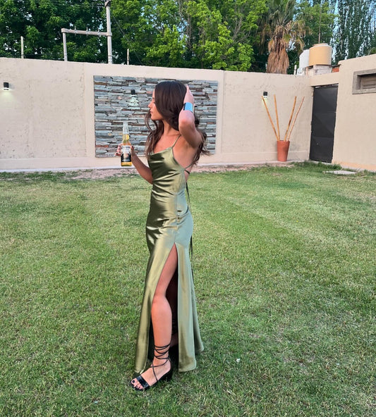 Robe de bal en satin vert fendue, robe de soirée formelle, robe de demoiselle d'honneur, J5900