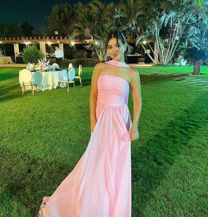 Trägerloses A-Linien-Ballkleid aus rosa Chiffon J5903