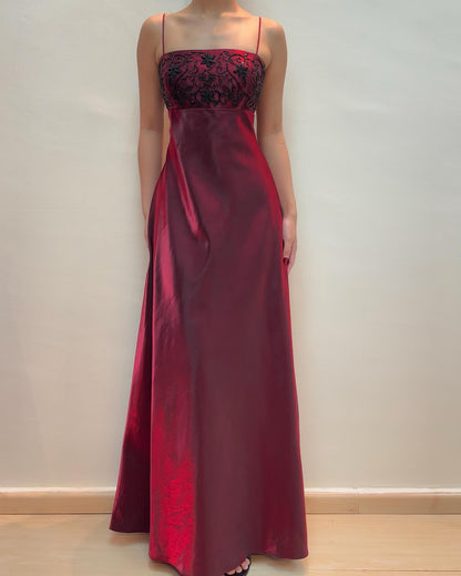 Spaghettiträger Burgunderrot Langes Ballkleid Perlen Vintage Kleid J5905