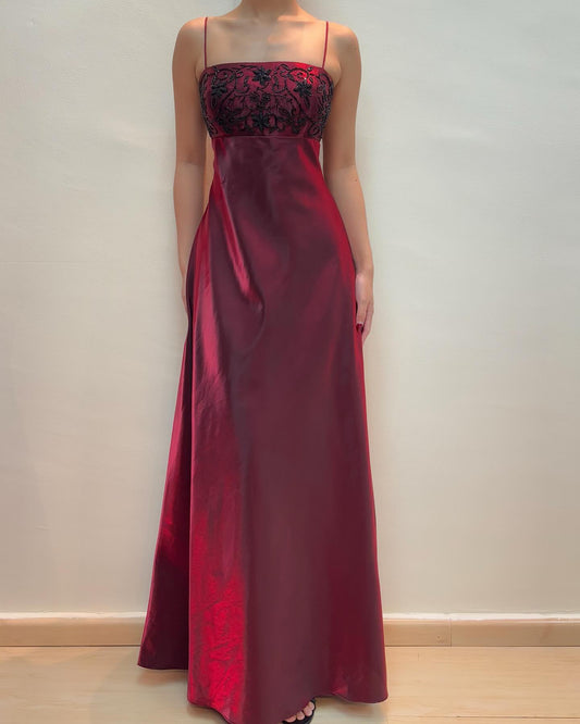 Spaghettiträger Burgunderrot Langes Ballkleid Perlen Vintage Kleid J5905