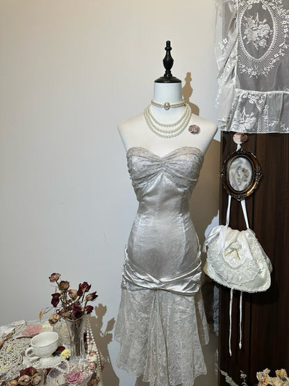 Robe sirène argentée en dentelle et satin, tenue d'anniversaire J7988