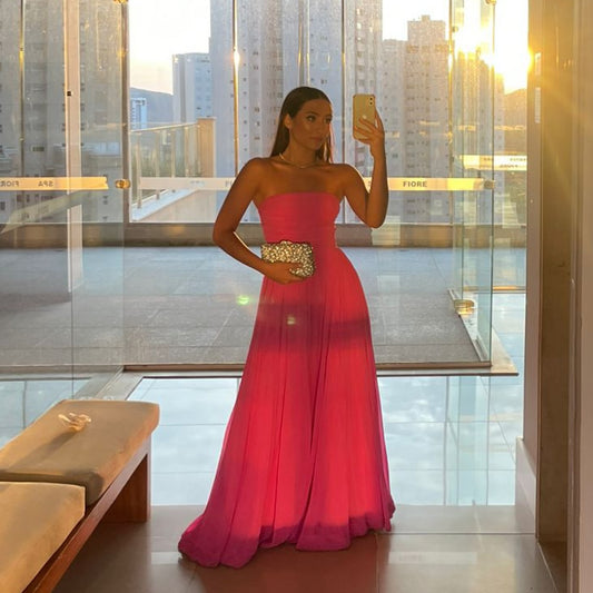 Trägerloses A-Linien-Ballkleid in Pink, lang, J5919