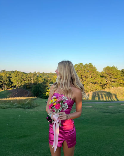 Strapless Short Pink Prom Dress Satin Homecoming Dress J5921