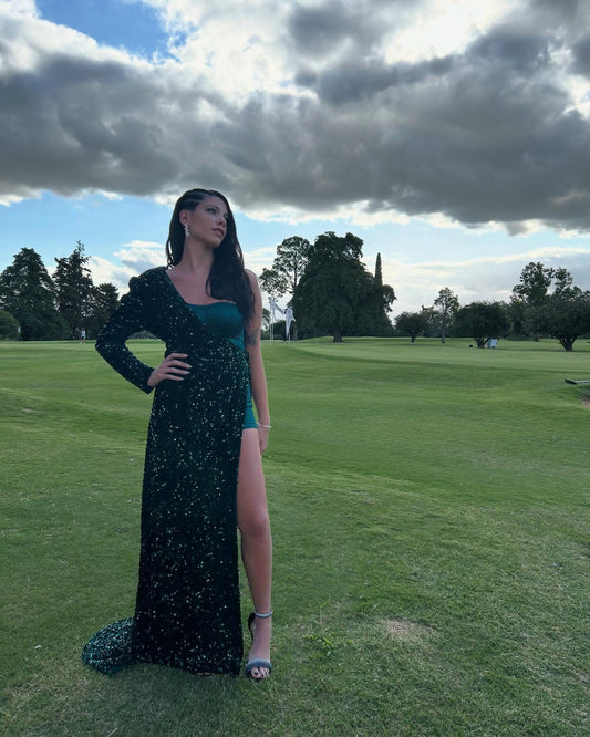 Ein-Schulter-Abendkleid mit Pailletten in Dunkelgrün, formelles Partykleid J5928