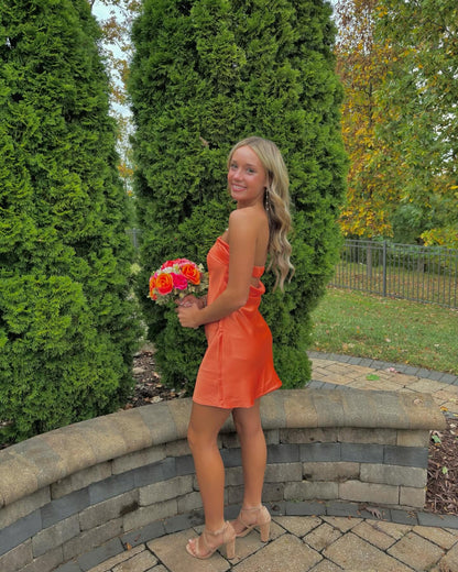 Strapless Orange Short Prom Dress Satin Homecoming Dress J5929