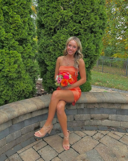 Strapless Orange Short Prom Dress Satin Homecoming Dress J5929