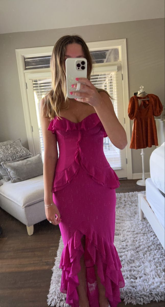 Robe de bal fourreau fendue en mousseline de soie à bretelles et volants J5935