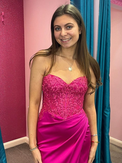 Fuchsia Lace Satin Ruched Mermaid Prom Dress J5937