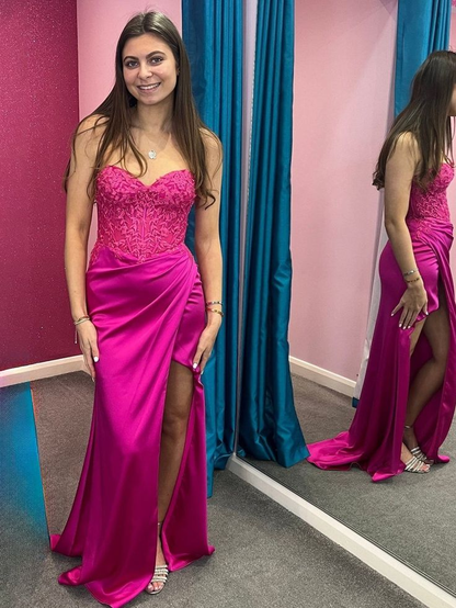Fuchsia Lace Satin Ruched Mermaid Prom Dress J5937