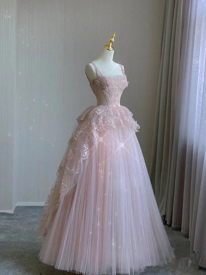 Robe de bal longue en tulle rose et dentelle Robe de soirée rose J5939