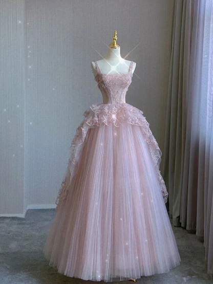 Robe de bal longue en tulle rose et dentelle Robe de soirée rose J5939