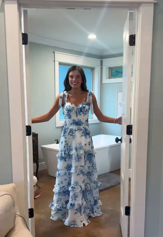 Blue Flora Formales Abendkleid, ärmelloses Kleid mit Schlitz, J5947