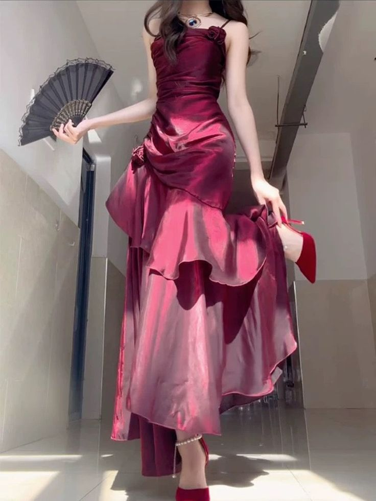 Wine Red Satin Long Straps Prom Dress Wine Red A-line Party Dress J5962