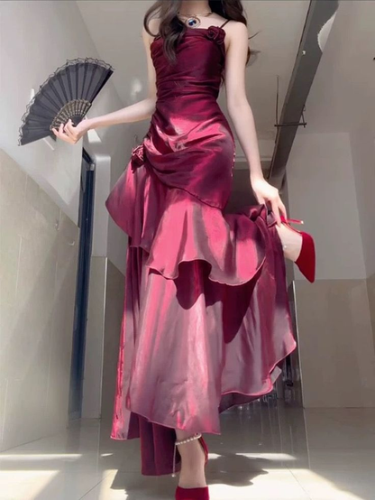 Wine Red Satin Long Straps Prom Dress Wine Red A-line Party Dress J5962