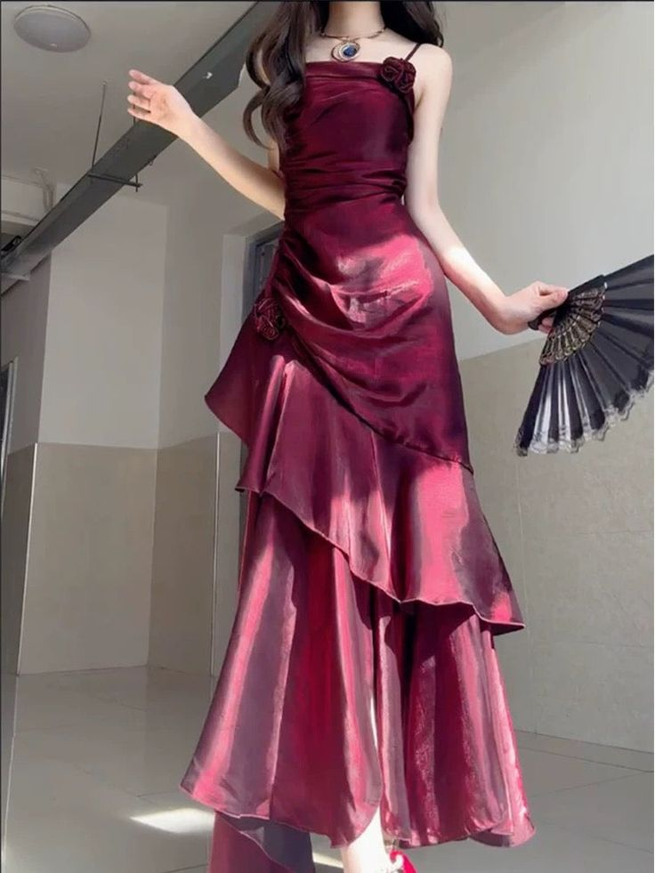 Wine Red Satin Long Straps Prom Dress Wine Red A-line Party Dress J5962