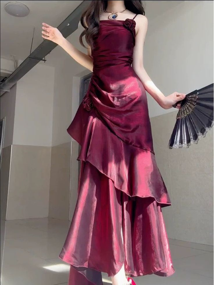 Wine Red Satin Long Straps Prom Dress Wine Red A-line Party Dress J5962