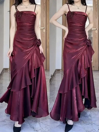 Wine Red Satin Long Straps Prom Dress Wine Red A-line Party Dress J5962