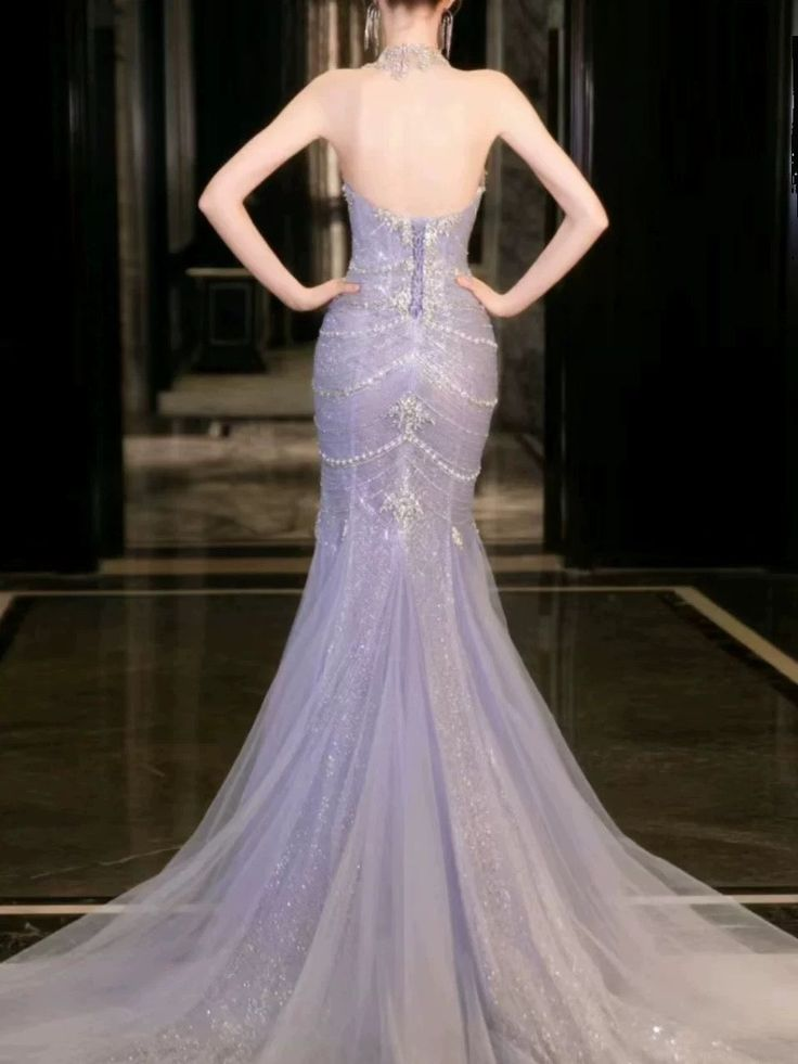 Robe de bal longue sirène sans bretelles en tulle et perles J5965