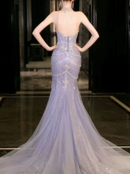 Robe de bal longue sirène sans bretelles en tulle et perles J5965