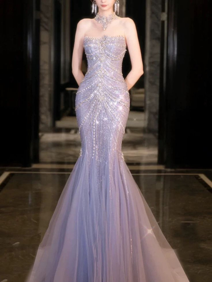 Robe de bal longue sirène sans bretelles en tulle et perles J5965