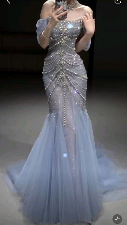 Robe de bal longue sirène sans bretelles en tulle et perles J5965