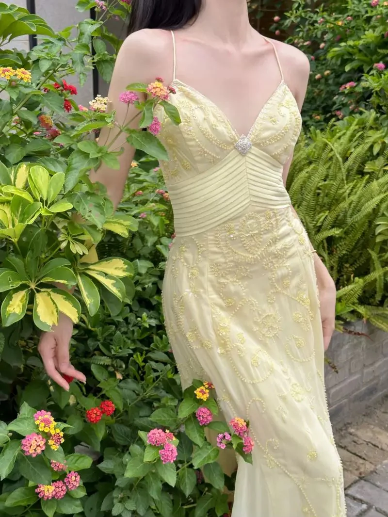 Meerjungfrau Gelb Lange Ballkleider Perlen Abendkleid J5975