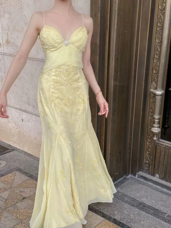 Meerjungfrau Gelb Lange Ballkleider Perlen Abendkleid J5975