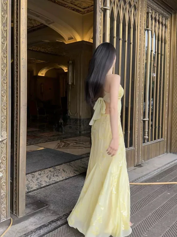 Meerjungfrau Gelb Lange Ballkleider Perlen Abendkleid J5975