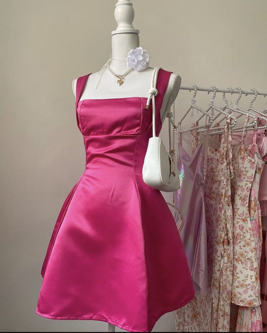Elegantes A-Linie Hot Pink Kurzes Ballkleid Satin Homecoming Kleid J5981