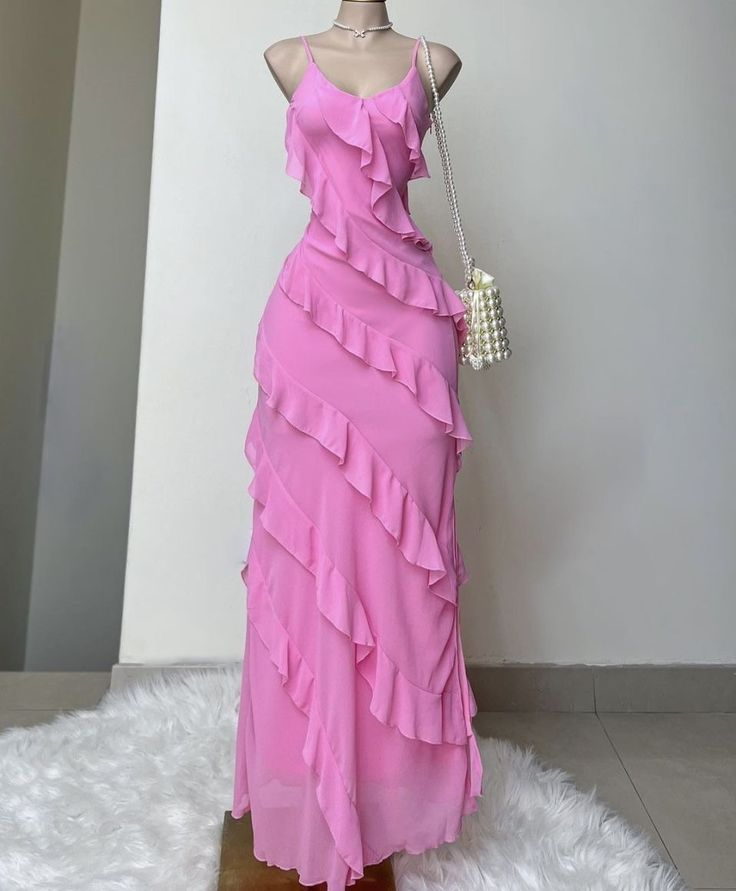 Robe fourreau rose à volants pour bal de promo, tenue d'anniversaire J5986