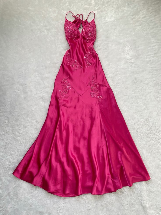Rosa A-Linie Satin-Applikation Langes Ballkleid J5989