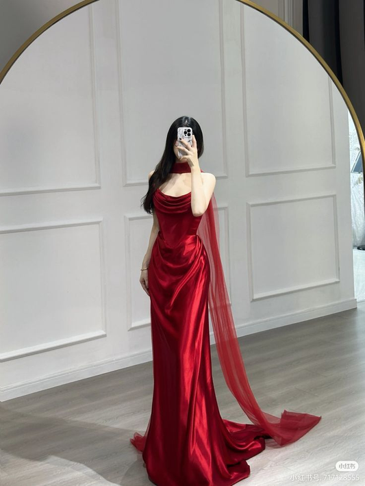 Robe de soirée longue en satin rouge, robe de bal formelle, robe d'anniversaire J5995