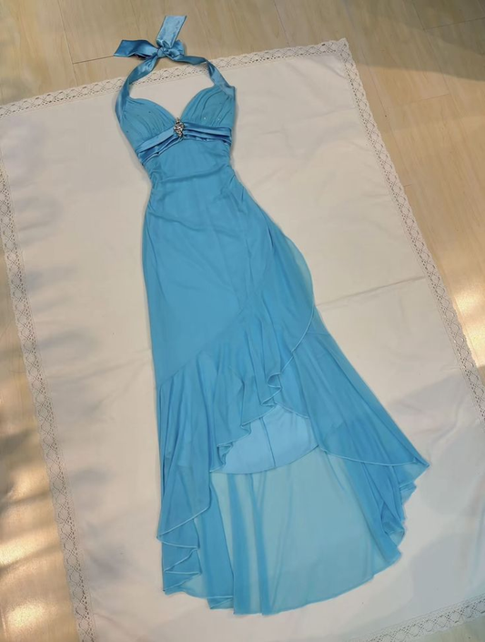 Neckholder Blaues Rüschen-Ballkleid Formales Abendkleid J5979
