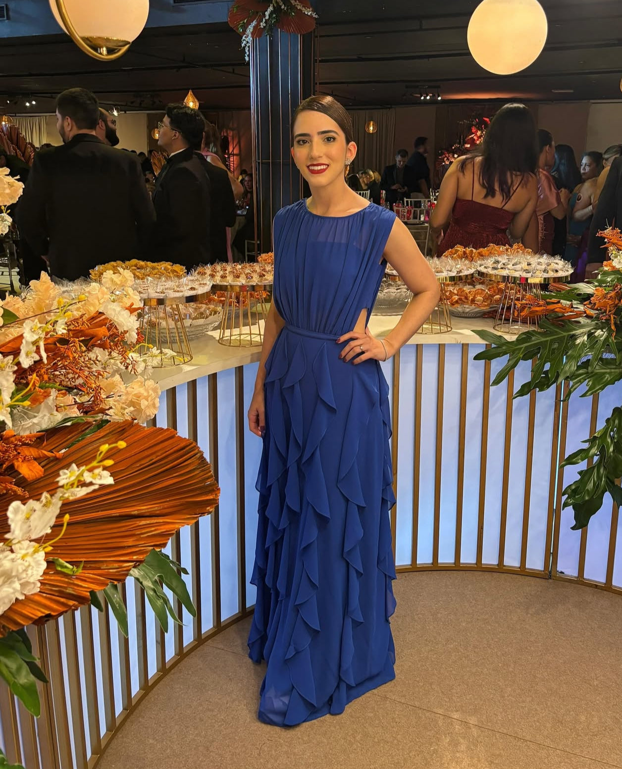 Chiffon Rüschen A-Linie Blau Hochzeitsgastkleid Formelles Partykleid J7197