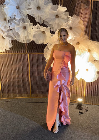 Strapless Pink Sheath Prom Dress Ruffle Wedding Guest Dress J7803