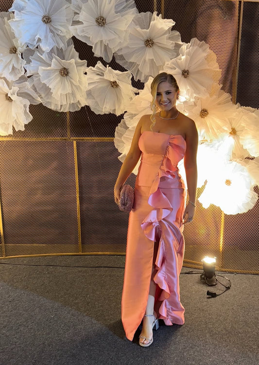 Strapless Pink Sheath Prom Dress Ruffle Wedding Guest Dress J7803