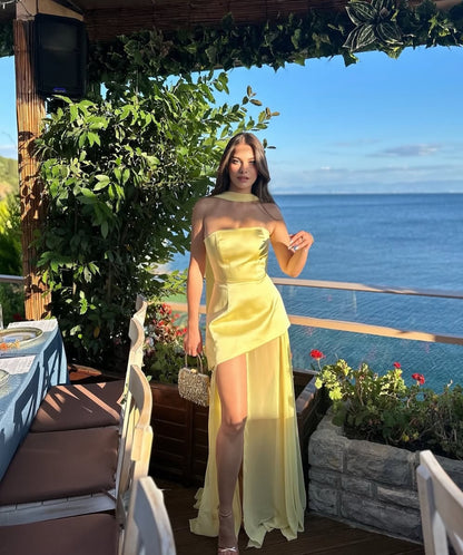 Strapless Yellow Prom Dress Satin Wedding Guest Dress Birthday Outfit J7650