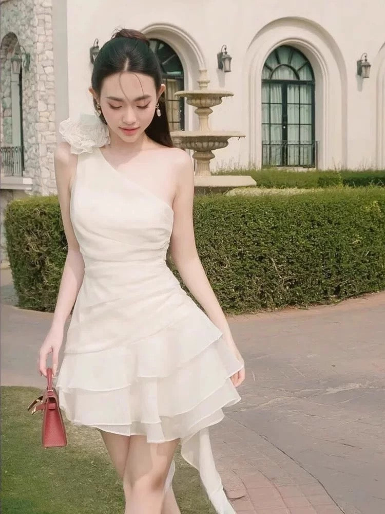 Robe de soirée courte asymétrique à une épaule et coupe trapèze, robe d'anniversaire J7309