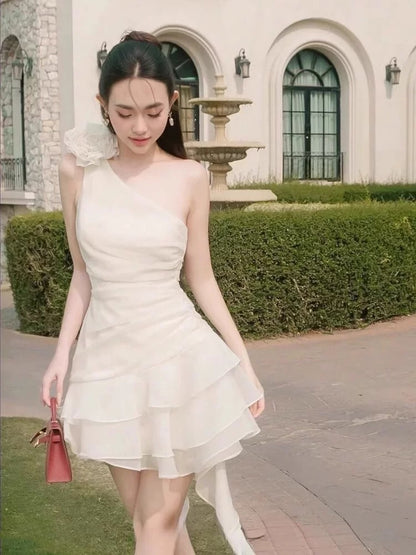 Robe de soirée courte asymétrique à une épaule et coupe trapèze, robe d'anniversaire J7309